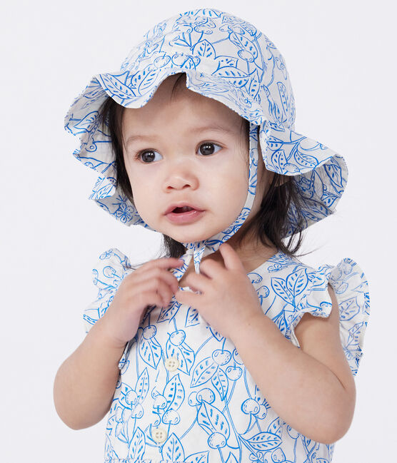 Baby-Sonnenhut aus gemusterter Popeline für Mädchen blau MARSHMALLOW/ PORCELANA