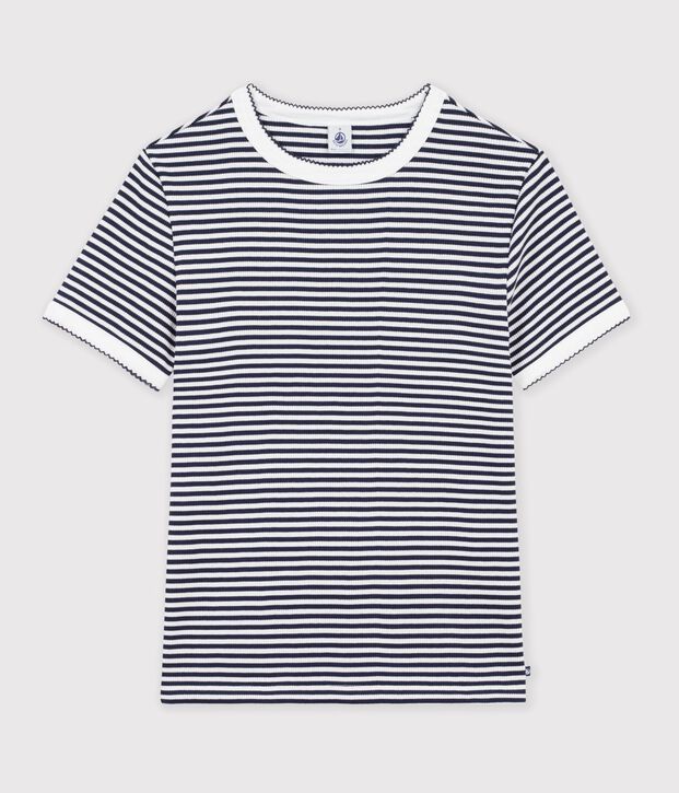 Kurz&auml;rmeliges Damen T-Shirt aus Baumwolle mit Streifen blau/weiss