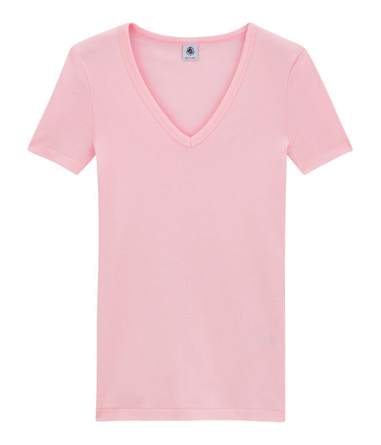 Damen-T-Shirt mit V-Ausschnitt aus Original-Rippstrick rosa BABYLONE