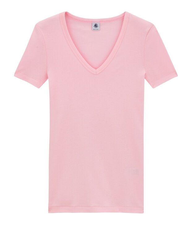 Damen-T-Shirt mit V-Ausschnitt aus Original-Rippstrick rosa