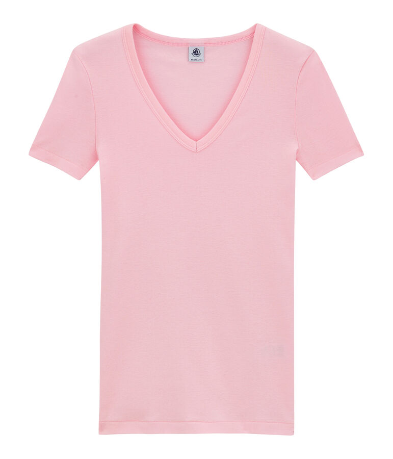 Damen-T-Shirt mit V-Ausschnitt aus Original-Rippstrick rosa BABYLONE