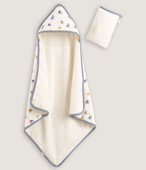 Baby-Badecape und Waschlappen mit Segelbooten weiss MARSHMALLOW/blau MEDIEVAL/ MULTICO