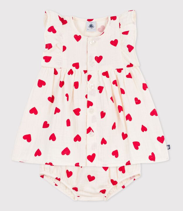 Baby-Kleid aus Baumwolle mit Herzmotiven und dazugeh&ouml;riger Bloomer rot/rot