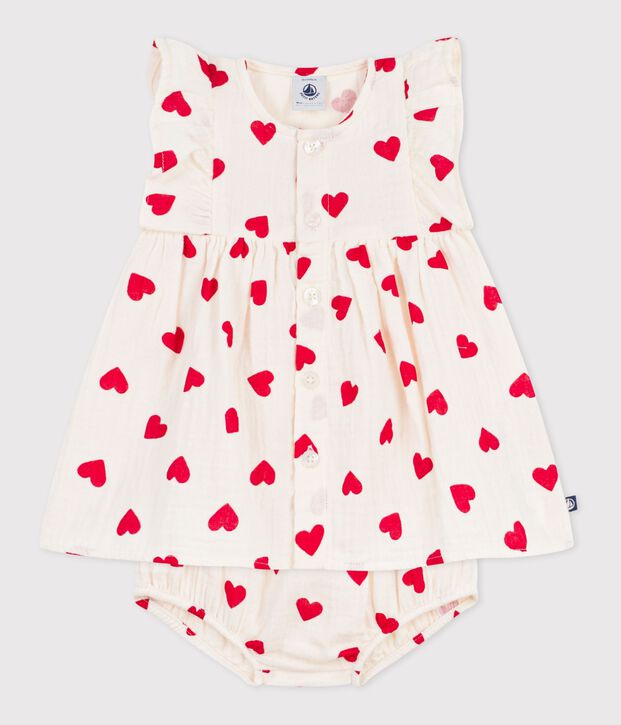 Baby-Kleid aus Baumwolle mit Herzmotiven und dazugeh&ouml;riger Bloomer rot/rot