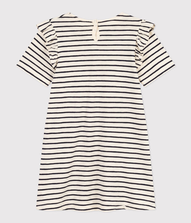 Kurz&auml;rmeliges gestreiftes Kleid aus Baumwolle Kinder/M&auml;dchen naturfarben/blau
