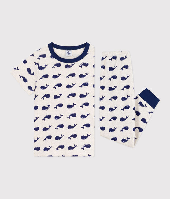 Kurzärmeliger Kinder-Pyjama mit langen Beinen aus bedruckter Baumwolle beige MONTELIMAR/blau MEDIEVAL
