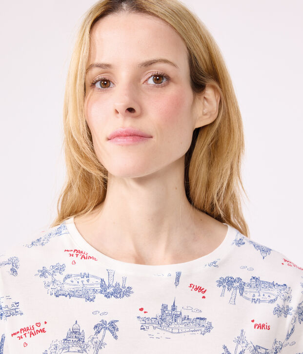 Damen-Kurzpyjama aus Baumwolle mit Paris-Motiv weiss/vielfarbig