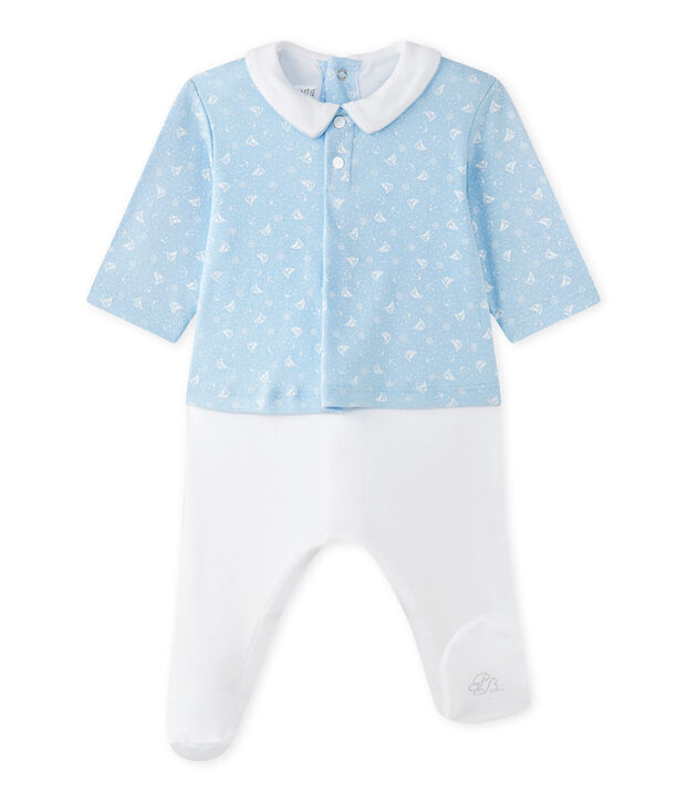 Baby-Jungen-Wickelhemd-Einteiler im Materialmix blau/weiss
