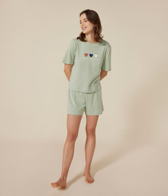 Damen-Pyjama bestehend aus kurzer Hose und T-Shirt aus einfarbiger Baumwolle. grün HERBIER