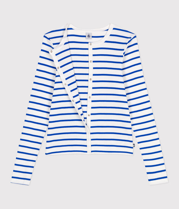 Damen-Cardigan aus einfarbiger Baumwolle weiss/blau