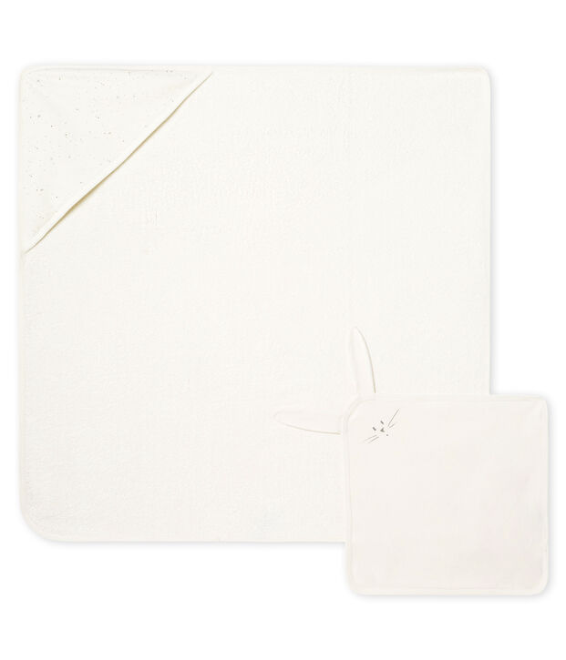 Set mit Badetuch und Baby-Kuscheltier aus Boucl&eacute;-Frottier und Doppeljersey. weiss/vielfarbig