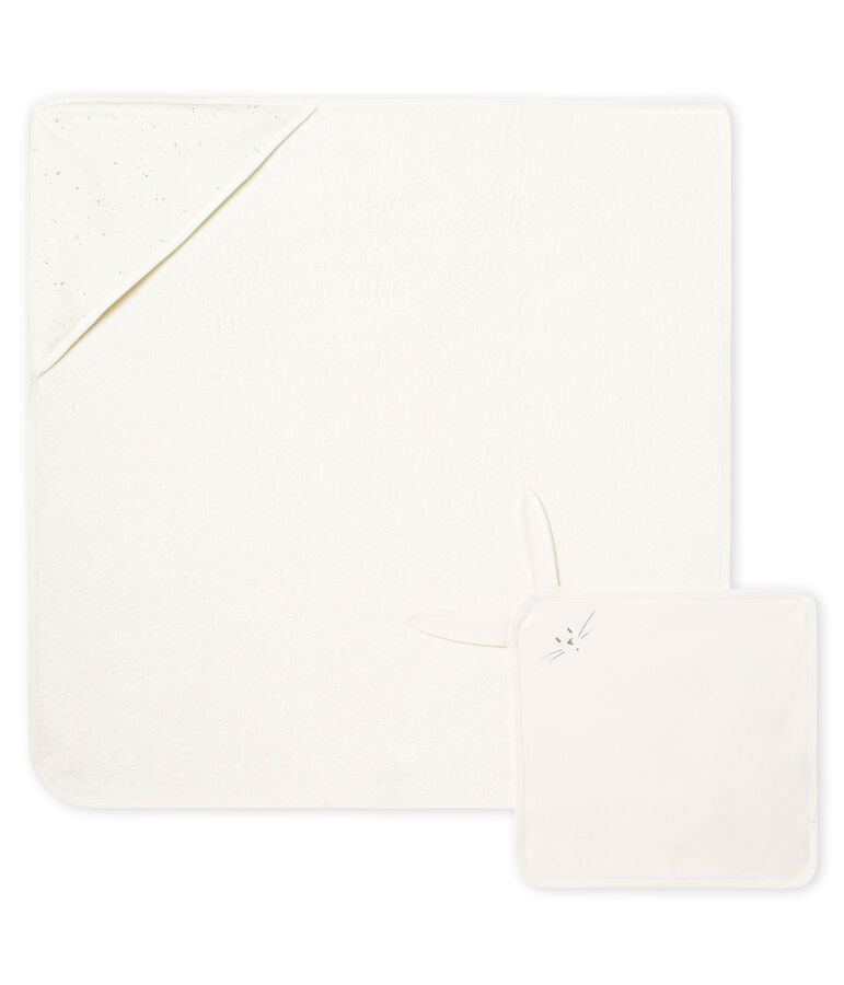 Set mit Badetuch und Baby-Kuscheltier aus Boucl&eacute;-Frottier und Doppeljersey. weiss MARSHMALLOW/weiss MULTICO