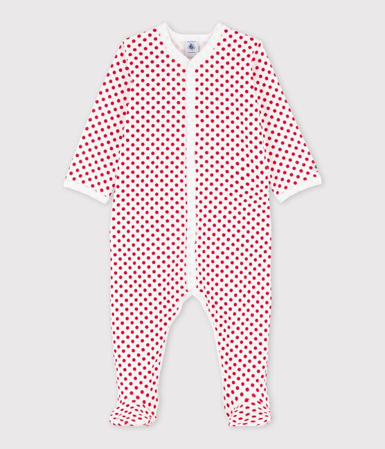 Baby-Strampler aus Rippstrick mit Pünktchen weiss ECUME/rot TERKUIT