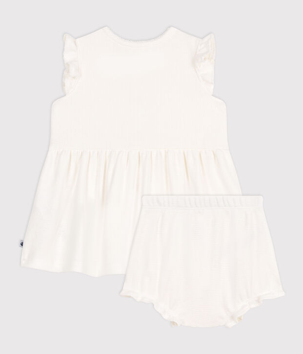 Kurz&auml;rmeliges wei&szlig;es Baby-Kleid mit Wabenmuster und Bloomer weiss