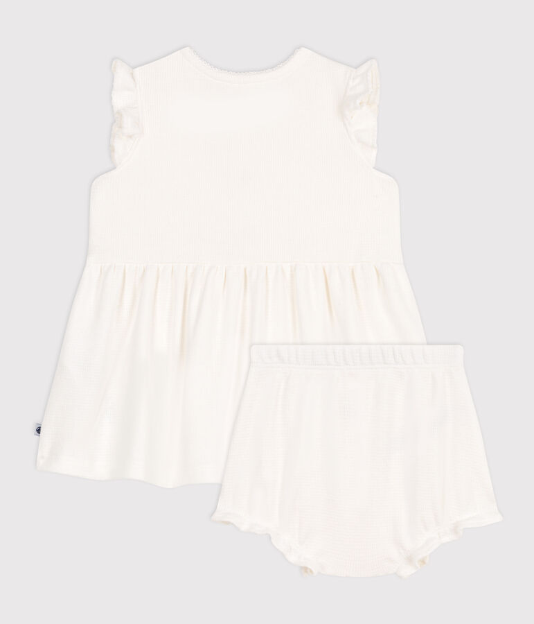 Kurz&auml;rmeliges wei&szlig;es Baby-Kleid mit Wabenmuster und Bloomer weiss