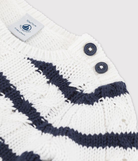 Baby-Strickpullover mit Zöpfen weiss MARSHMALLOW/blau SMOKING