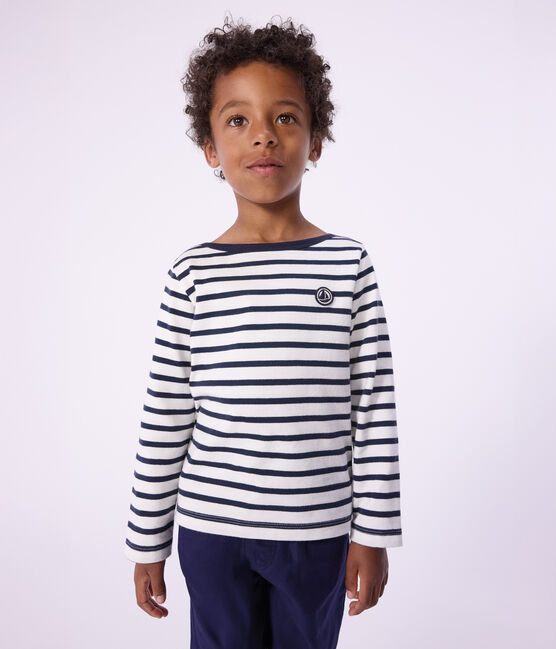 Kinder-Matrosenshirt aus Bio-Baumwolle weiss MARSHMALLOW/blau SMOKING