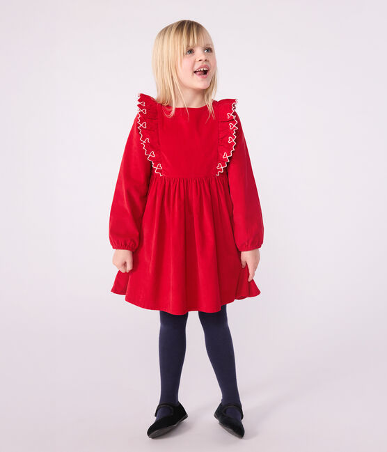 Langärmeliges Kinder-Kleid aus einfarbigem Fein-Cord. rot TERKUIT