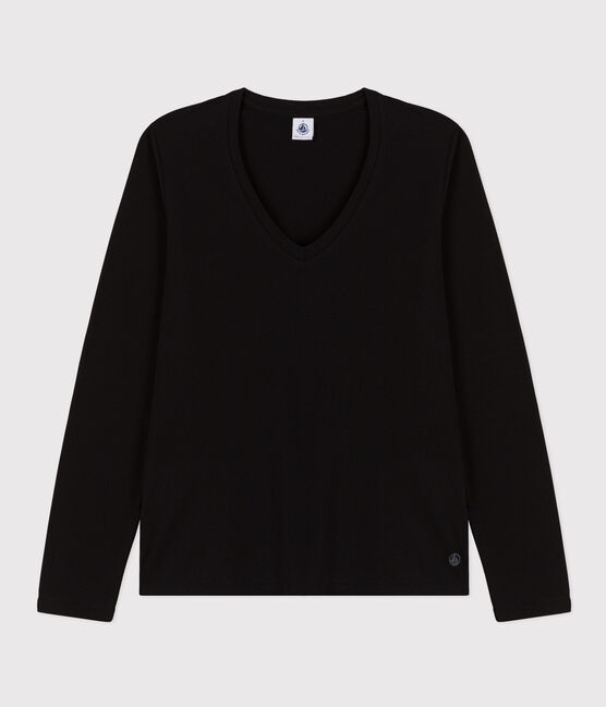 Langärmeliges Damen-T-Shirt "Le Droit" mit V-Ausschnitt aus feinem Jersey schwarz NOIR