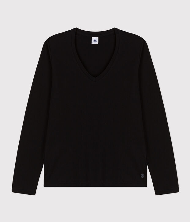 Lang&auml;rmeliges Damen-T-Shirt Le Droit mit V-Ausschnitt aus feinem Jersey schwarz
