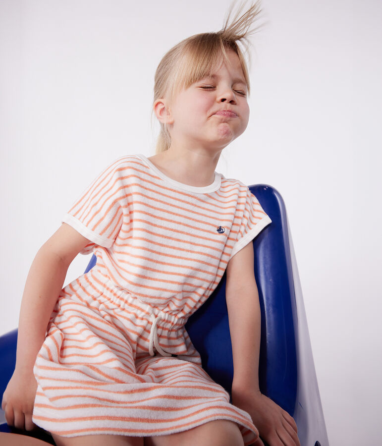 Kurz&auml;rmeliges Kinder-Kleid aus Baumwoll-Frottee mit Streifen weiss/orange