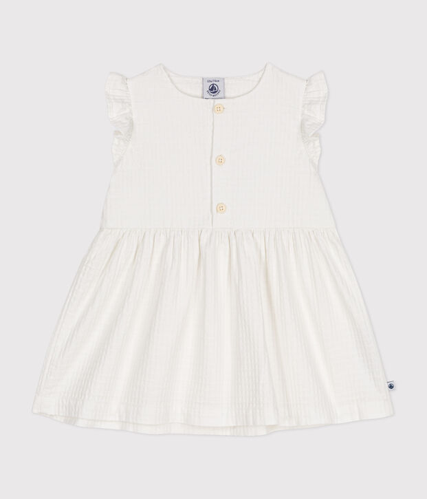 &Auml;rmelloses Baby-Kleid aus gemusterter Baumwolle weiss