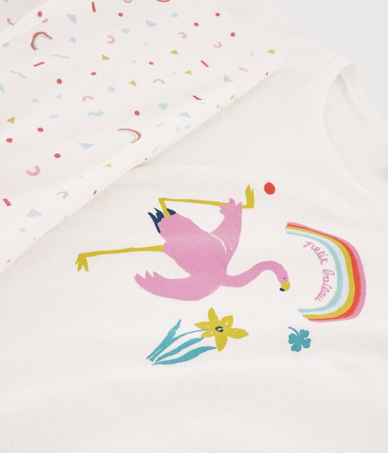 Pyjama aus Rippstrick mit rosarotem Flamingomotiv für Mädchen/Damen weiss MARSHMALLOW/weiss MULTICO