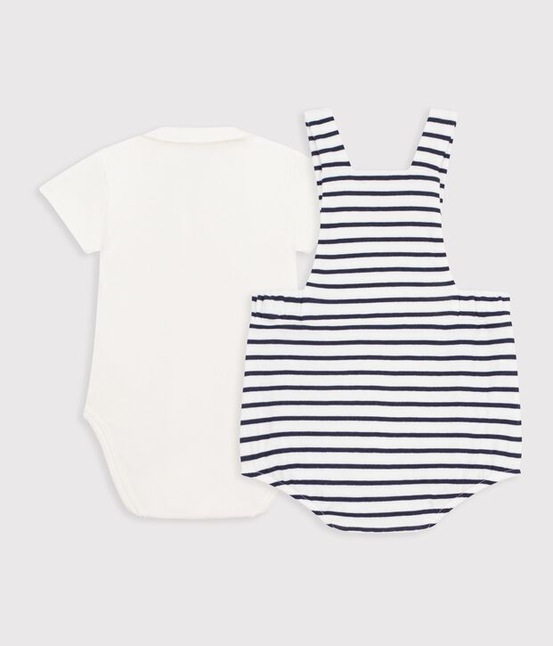 2-teiliges Baby-Set aus Baumwolle mit Streifen und Stickereien weiss/blau