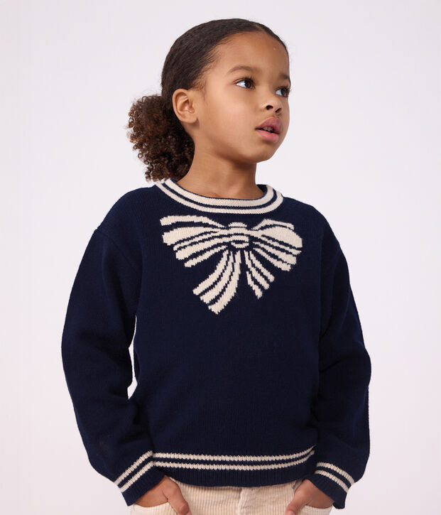 Kinder-Pullover aus Wolle und Baumwolle mit Schleifenmotiv blau/beige