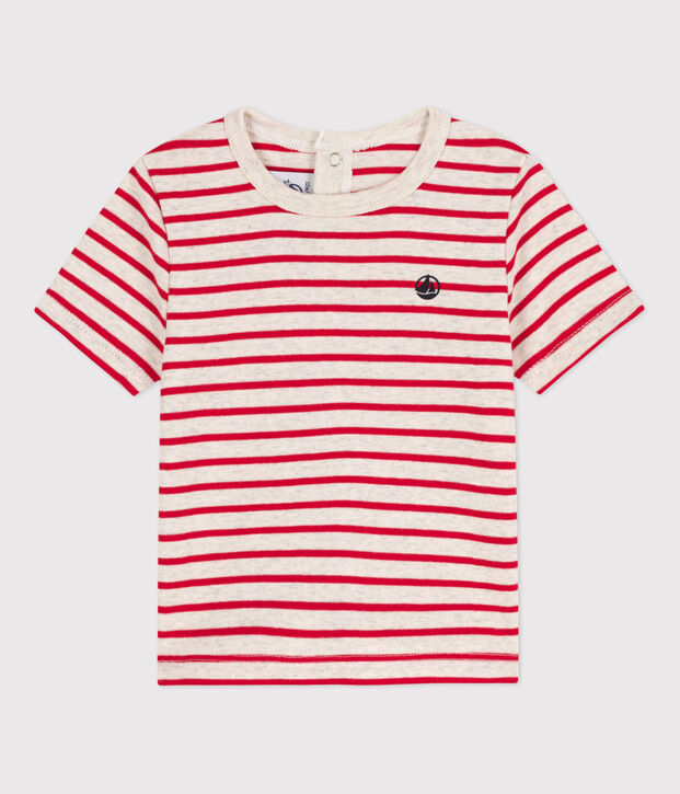 Kurz&auml;rmeliges Baby-T-Shirt aus gestreifter Baumwolle beige/rot