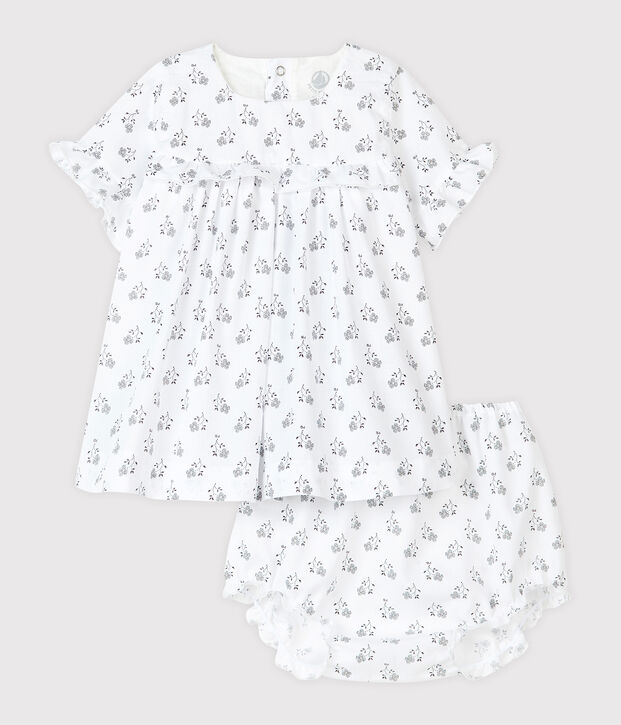 Babykleid mit Bloomer f&uuml;r M&auml;dchen, blauer Blumendruck aus Popelin weiss/vielfarbig