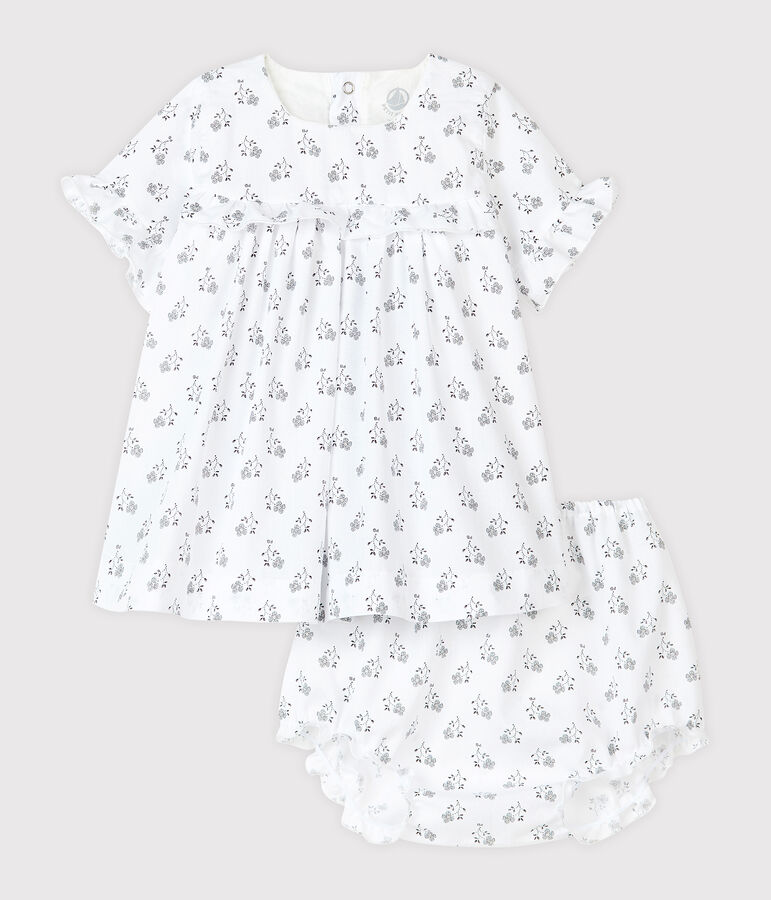 Babykleid mit Bloomer f&uuml;r M&auml;dchen, blauer Blumendruck aus Popelin weiss/vielfarbig