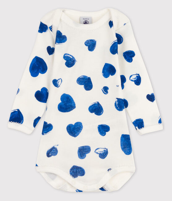 Langärmliger Baby-Body für Mädchen weiss MARSHMALLOW/blau BLEU