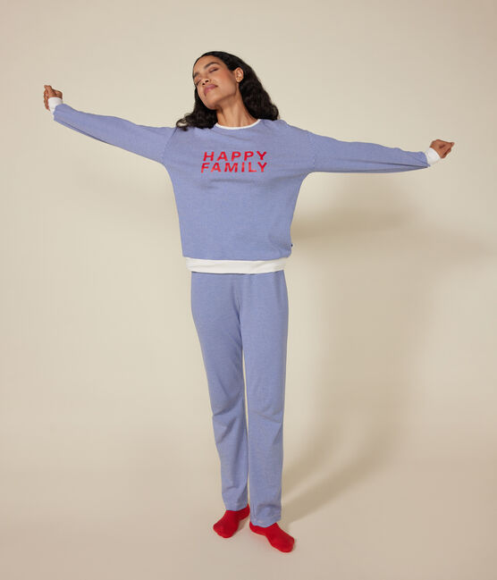 Damen-Pyjama aus gestreifter Baumwolle blau CALVIN/ MARSHMALLOW