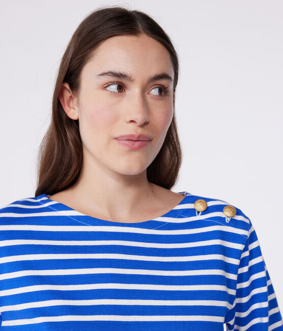 Langärmeliges Damen-Streifenshirt "Marinière" aus Baumwolle blau PERSE/weiss MARSHMALLOW