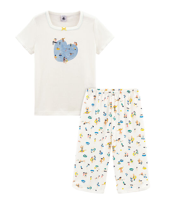 Rippstrick-Kurzpyjama für kleine Mädchen weiss MARSHMALLOW/weiss MULTICO