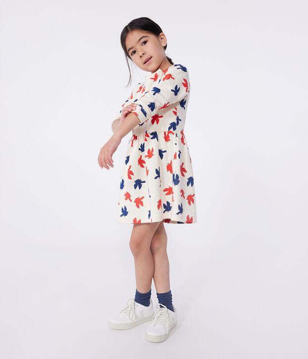 Lang&auml;rmeliges Kinder-Kleid aus bedruckter Baumwolle naturfarben/vielfarbig