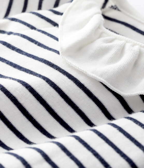 Gestreifter Baby-Langoverall für Mädchen aus Rippstrick weiss MARSHMALLOW/blau SMOKING