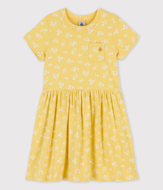 Kurzärmeliges Kleid aus Baumwolle für Mädchen gelb ORGE/weiss MARSHMALLOW