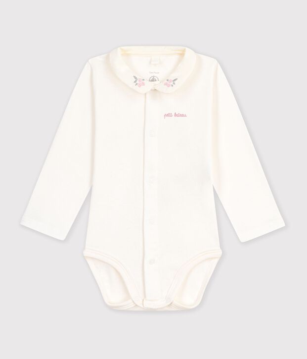 Lang&auml;rmeliger Baby-Body aus einfarbiger Baumwolle mit besticktem Kragen. rosa/rosa