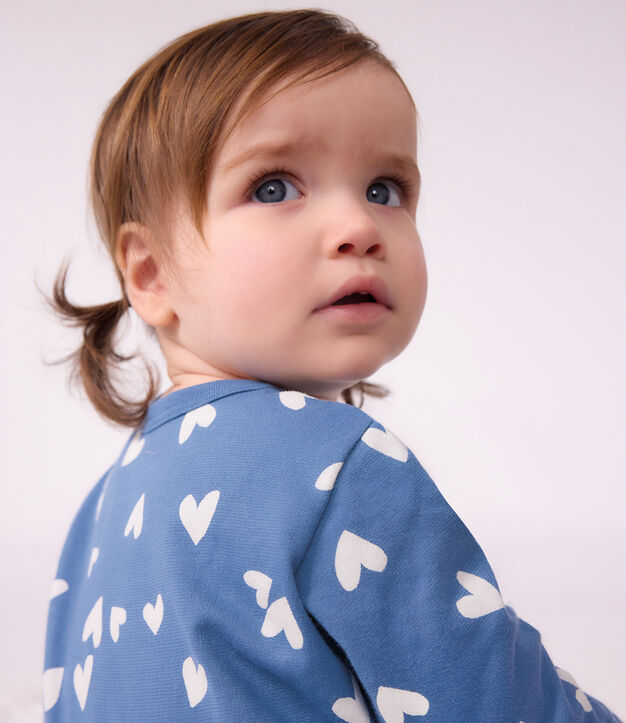 Strampler aus Molton mit Herzmotiven blau/weiss