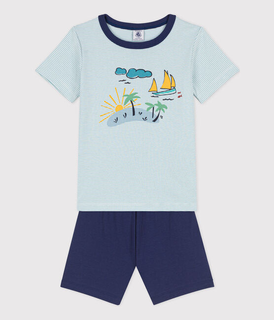 Kinder-Kurzpyjama für Entdecker aus Baumwolle für Jungen blau CHALOUPE/weiss MULTICO