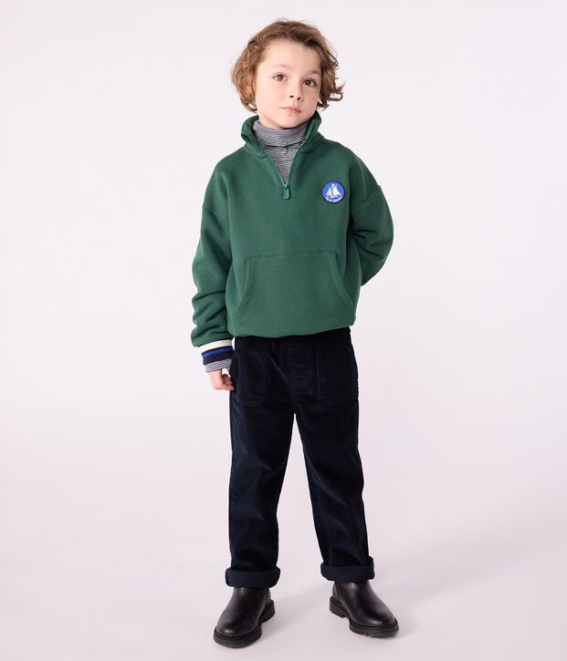 Kinder-Sweatshirt mit Reiverschluss-Kragen aus einfarbiger Baumwolle gr&uuml;n