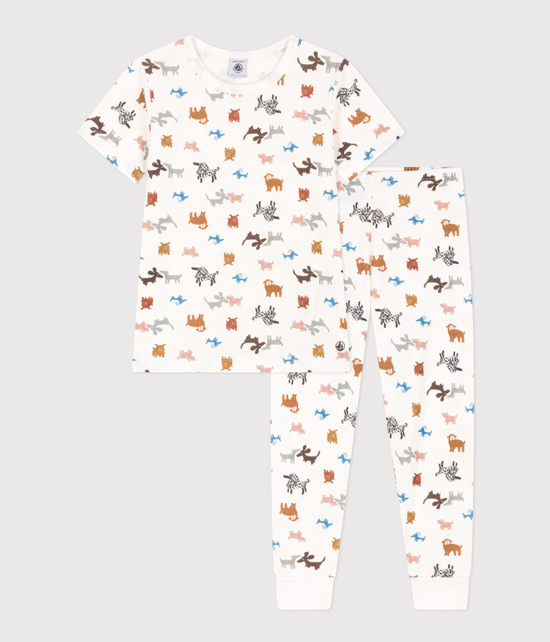 Kurz&auml;rmeliger Kinderpyjama aus Baumwolle weiss MARSHMALLOW/weiss MULTICO