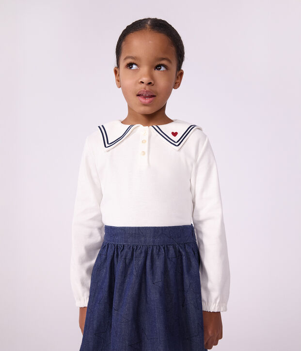 Lang&auml;rmelige Kinder-Bluse aus einfarbiger Baumwolle mit Matrosenkragen weiss