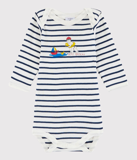 Langärmeliger Baby-Body Mädchen/Jungen weiss MARSHMALLOW/blau MEDIEVAL