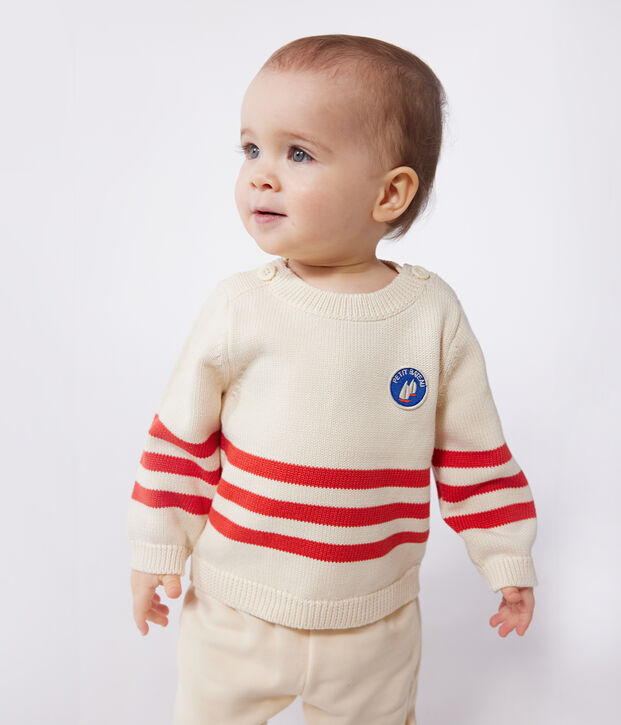 Baby-Pullover aus Baumwolle mit Streifen und Brust-Aufn&auml;her. rot/rot