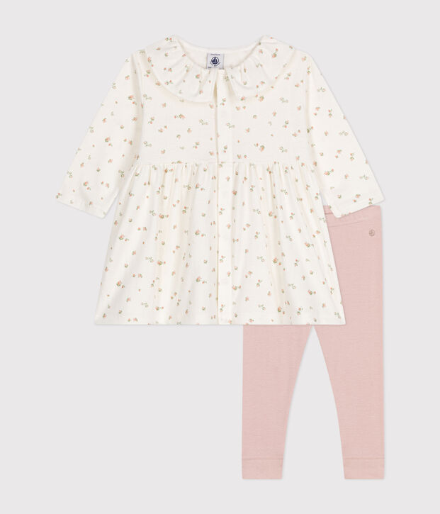 Baby-Set Lang&auml;rmeliges Kleid und Leggings aus Baumwolle weiss/vielfarbig