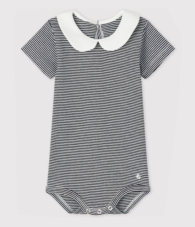 Baby-Body mit Claudine-Kragen aus Baumwolle f&uuml;r M&auml;dchen blau/weiss