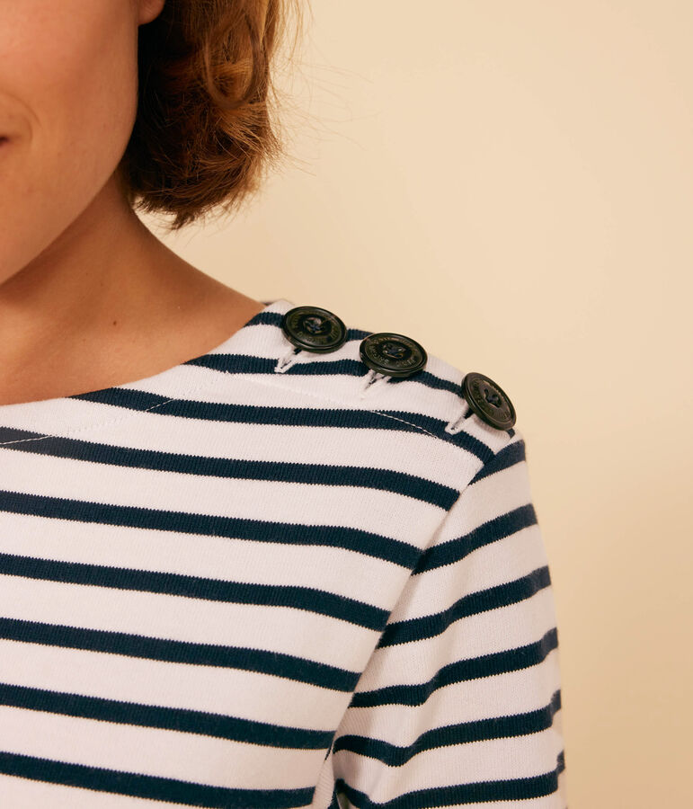 Gekn&ouml;pftes Damen-Streifenshirt Marini&egrave;re aus Baumwolle weiss/blau